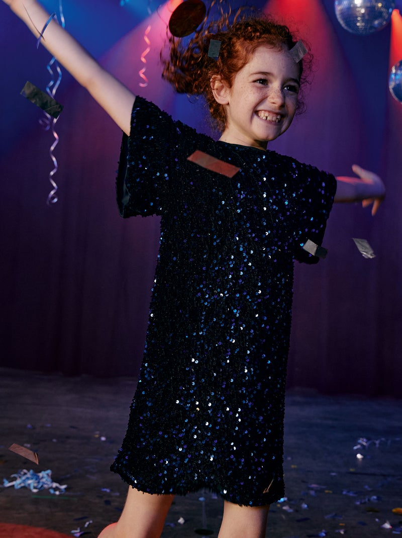 Vestido de manga curta com lantejoulas AZUL - Kiabi