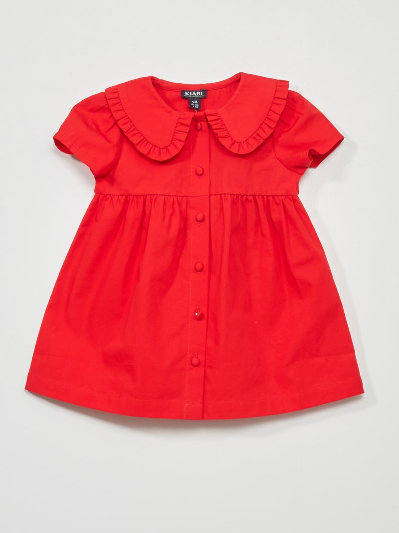Vestido de popelina com gola claudine Vermelho Brilhante - Kiabi