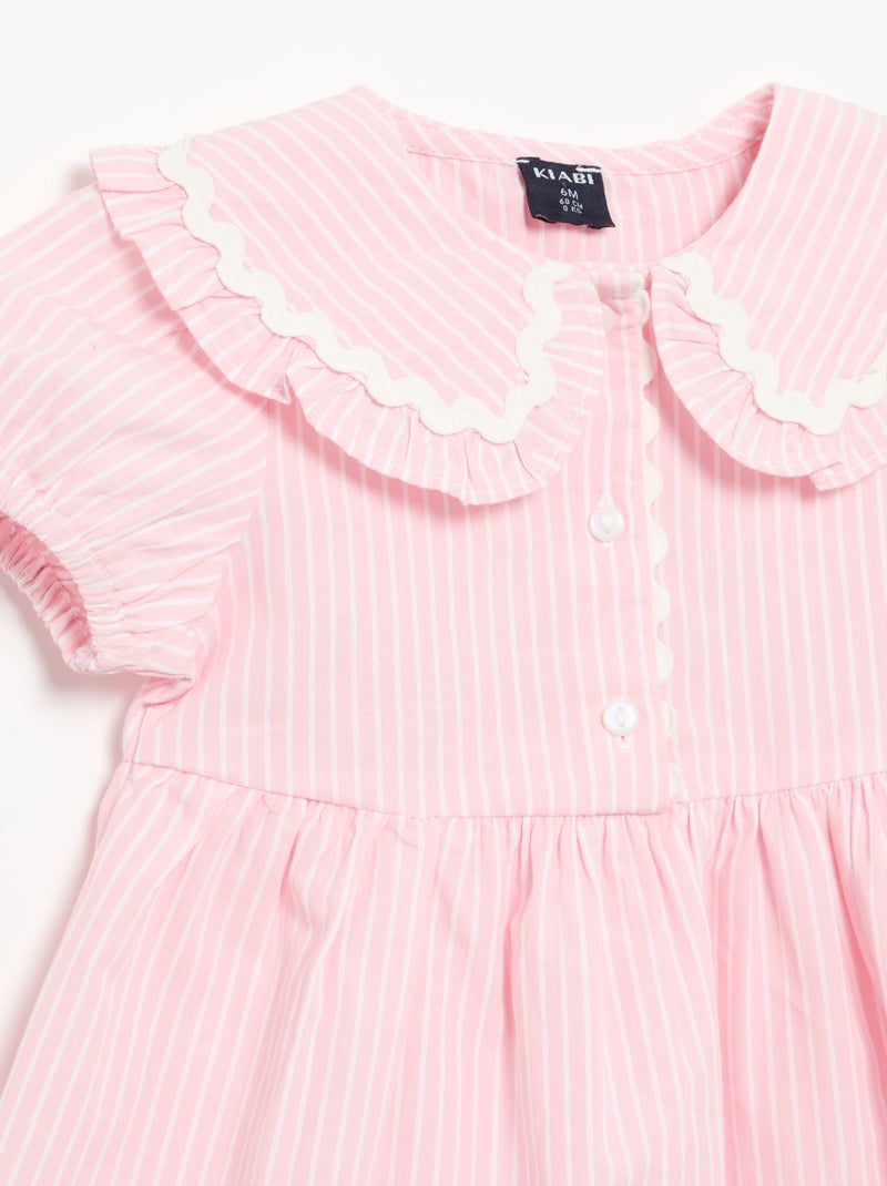 Vestido de popelina de manga curta com gola Claudine Rosa - Kiabi