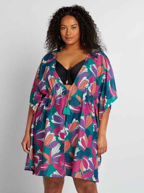 Vestido de praia aberto com estampado de flores grandes - Kiabi