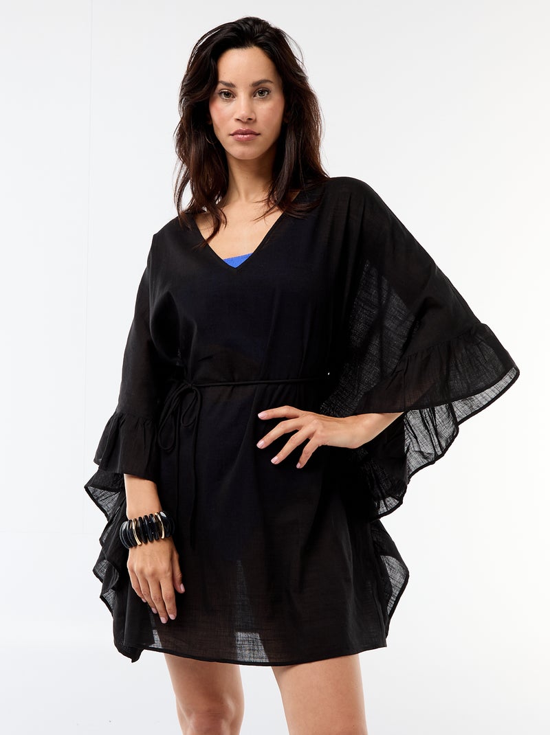 Vestido de praia com cavas com folhos Preto - Kiabi