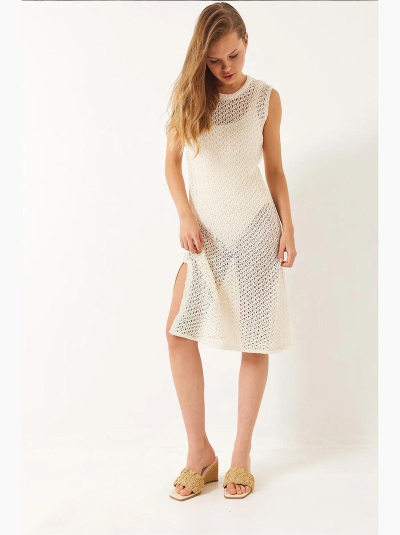 Vestido de praia com decote redondo e racha vazada lucci Bege-argila - Kiabi
