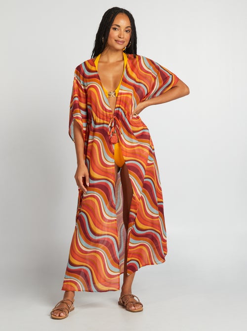 Vestido de praia comprido aberto estampado - Kiabi