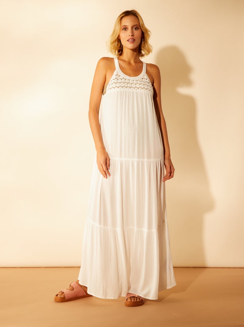 Vestido de praia comprido com flores bordadas Branco - Kiabi