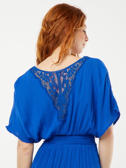 Vestido de praia comprido em malha crepe com pormenores em macramé - Kiabi