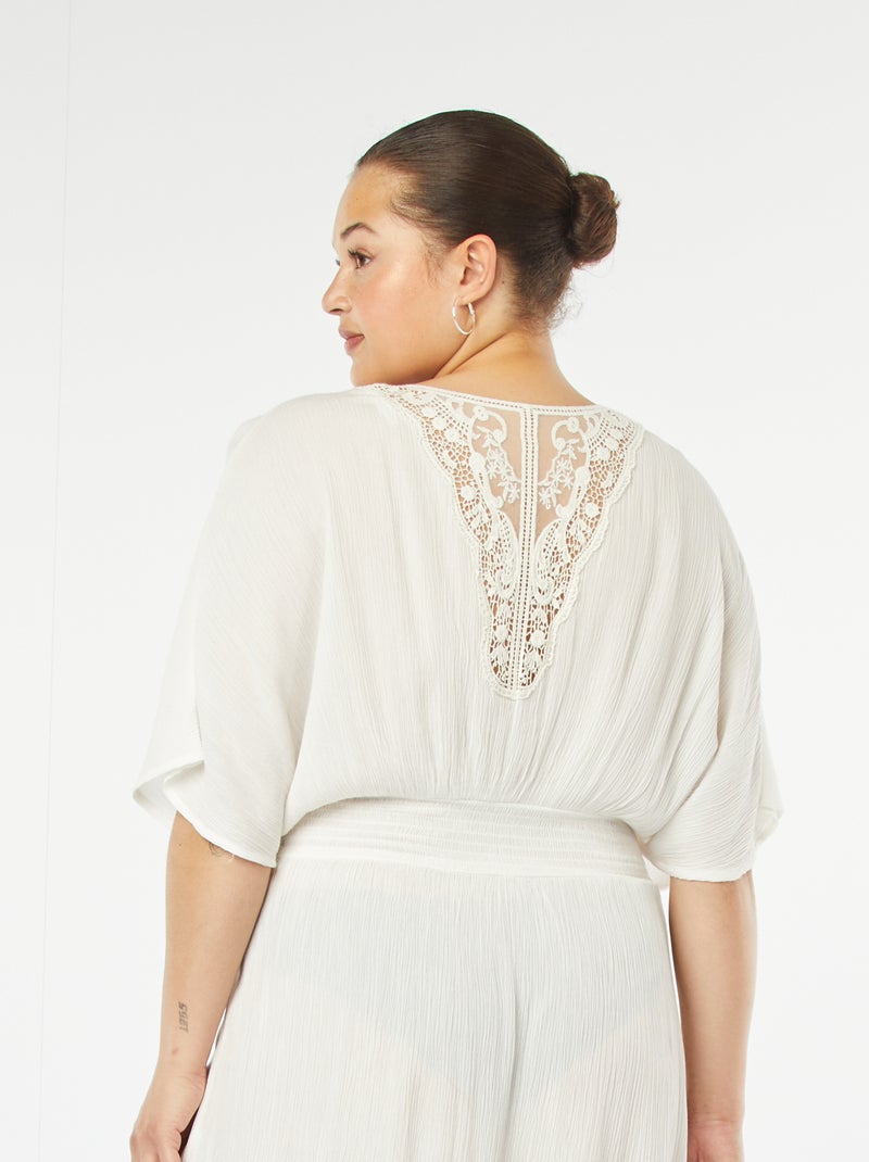 Vestido de praia comprido em malha crepe com pormenores em macramé Branco - Kiabi