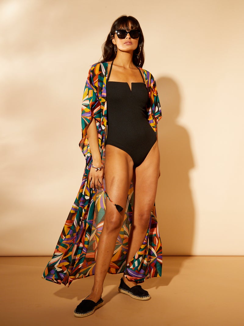 Vestido de praia comprido estampado PRETO - Kiabi