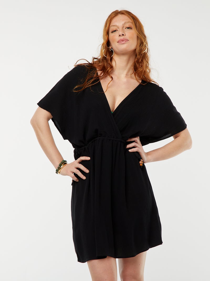Vestido de praia em malha crepe com decote cruzado Preto - Kiabi