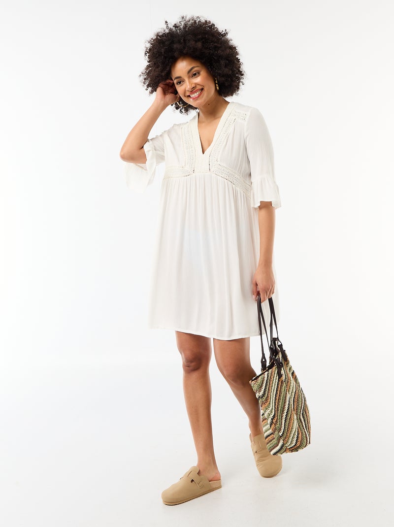 Vestido de praia em malha crepe e macramé Branco - Kiabi