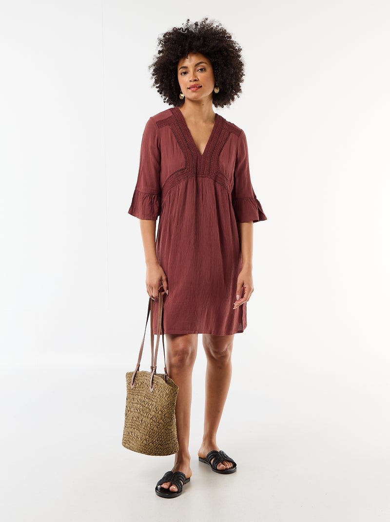 Vestido de praia em malha crepe e macramé Castanho - Kiabi