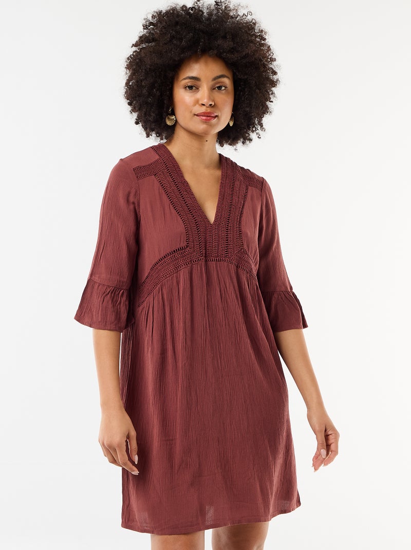 Vestido de praia em malha crepe e macramé Castanho - Kiabi