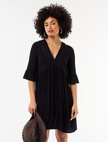Vestido de praia em malha crepe e macramé