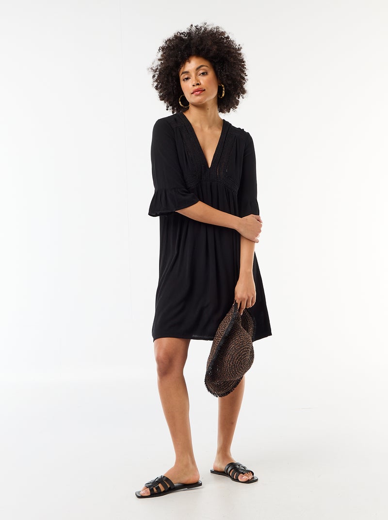 Vestido de praia em malha crepe e macramé Preto - Kiabi