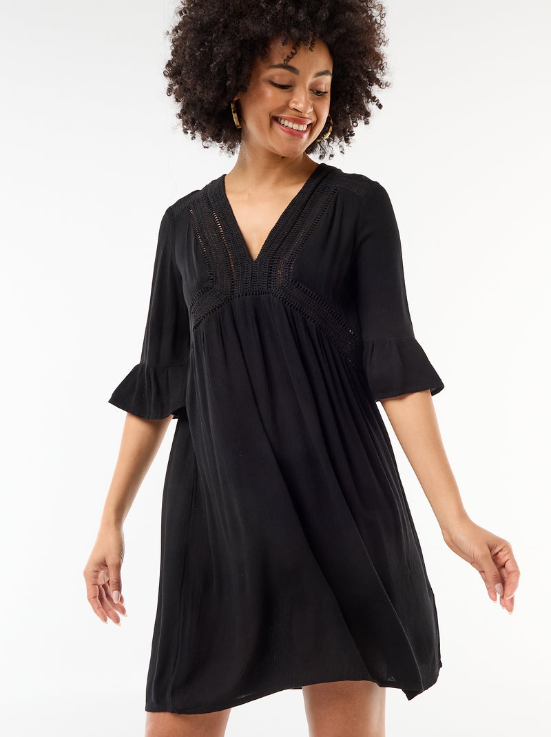 Vestido de praia em malha crepe e macramé Preto - Kiabi