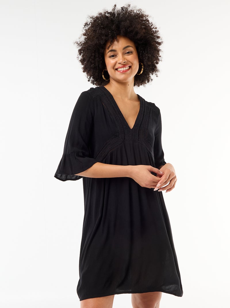 Vestido de praia em malha crepe e macramé Preto - Kiabi