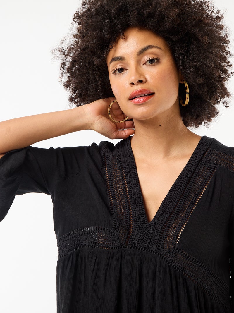 Vestido de praia em malha crepe e macramé Preto - Kiabi