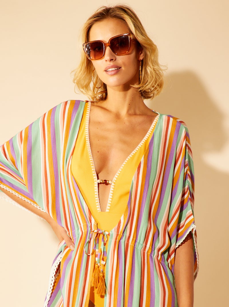 Vestido de praia estilo quimono às riscas BRANCO - Kiabi