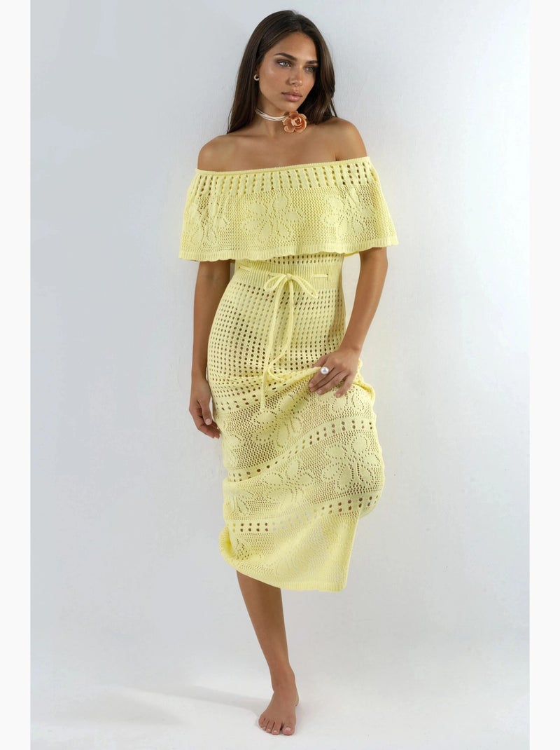 Vestido de praia maxi em malha com decote bardot hiccup Amarelo-limão - Kiabi