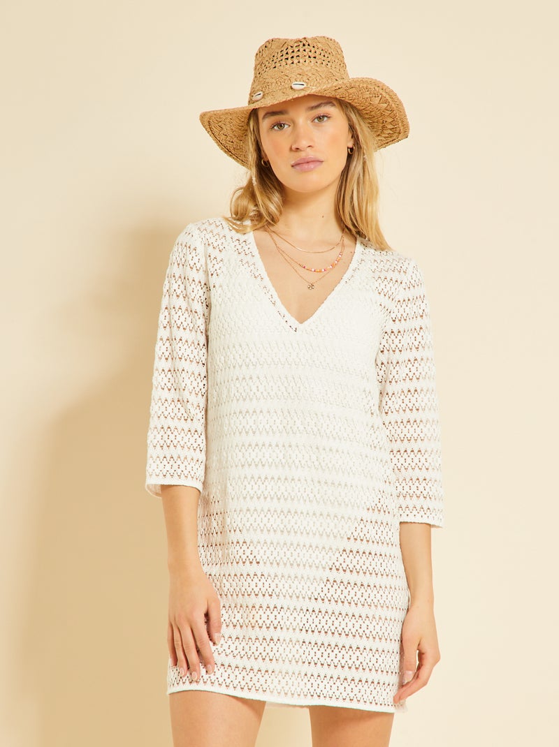 Vestido de praia pelo joelho em croché Branco - Kiabi