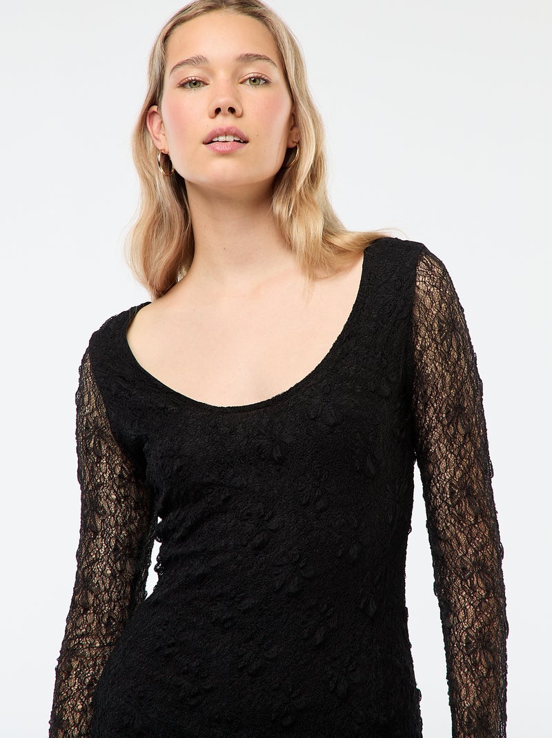 Vestido de renda liso com mangas compridas Preto - Kiabi