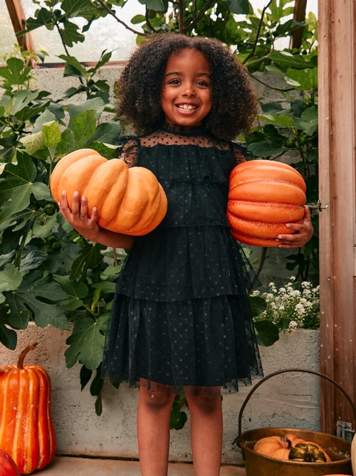 Vestido de tule com folhos e estampado de bolinhas 'Halloween' - Kiabi