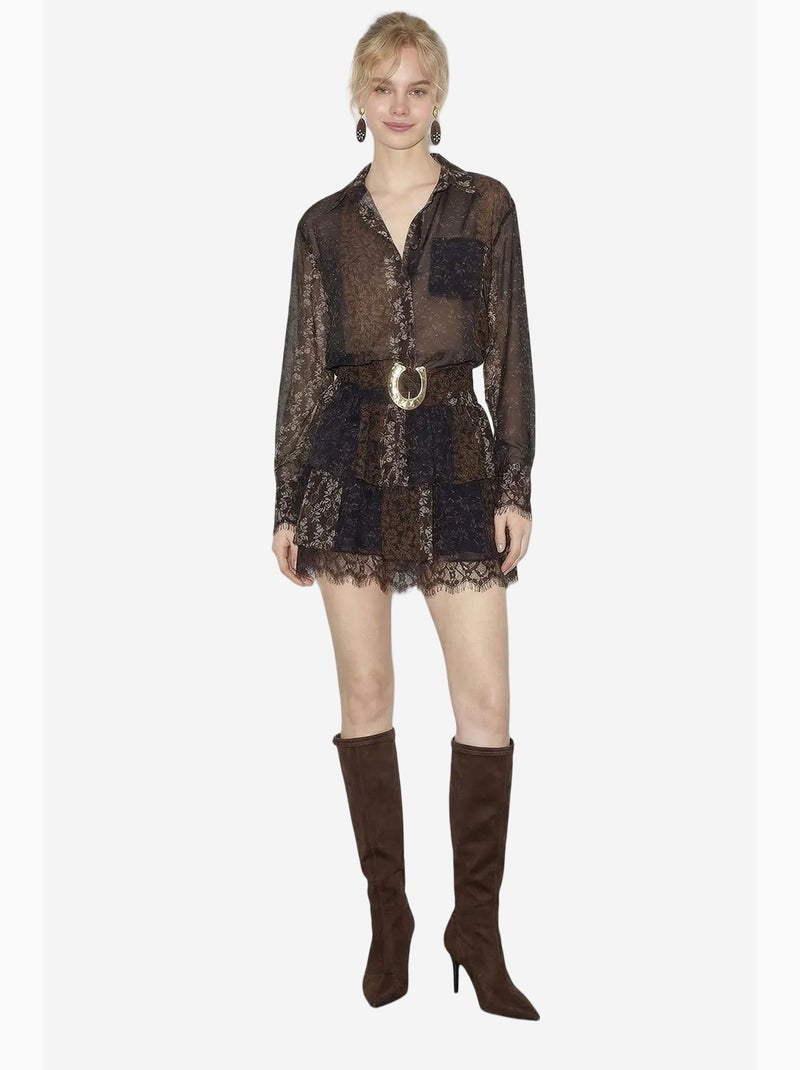 Vestido de tule estampado com detalhe em renda, cinto e folhos lucci Preto - Kiabi