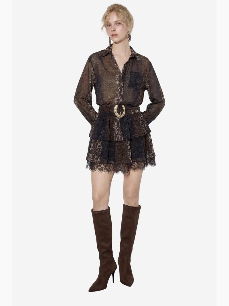 Vestido de tule estampado com detalhe em renda, cinto e folhos lucci Preto - Kiabi
