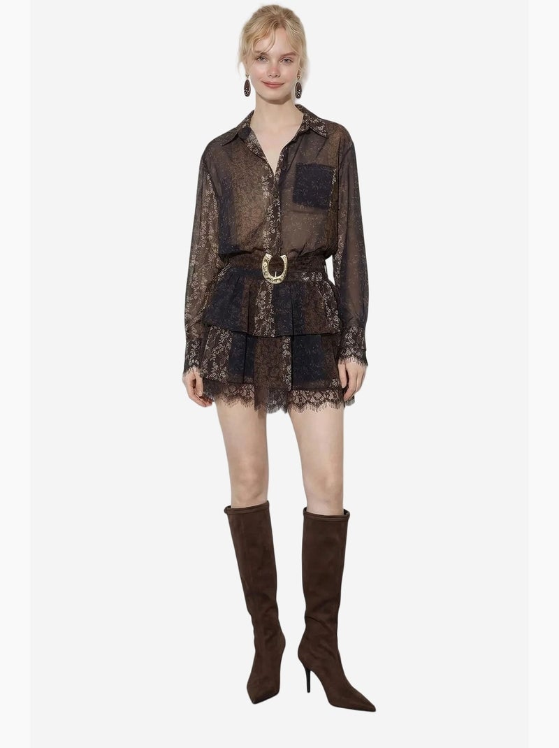 Vestido de tule estampado com detalhe em renda, cinto e folhos lucci Preto - Kiabi