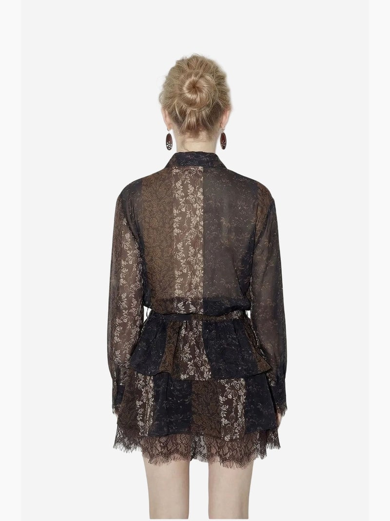 Vestido de tule estampado com detalhe em renda, cinto e folhos lucci Preto - Kiabi