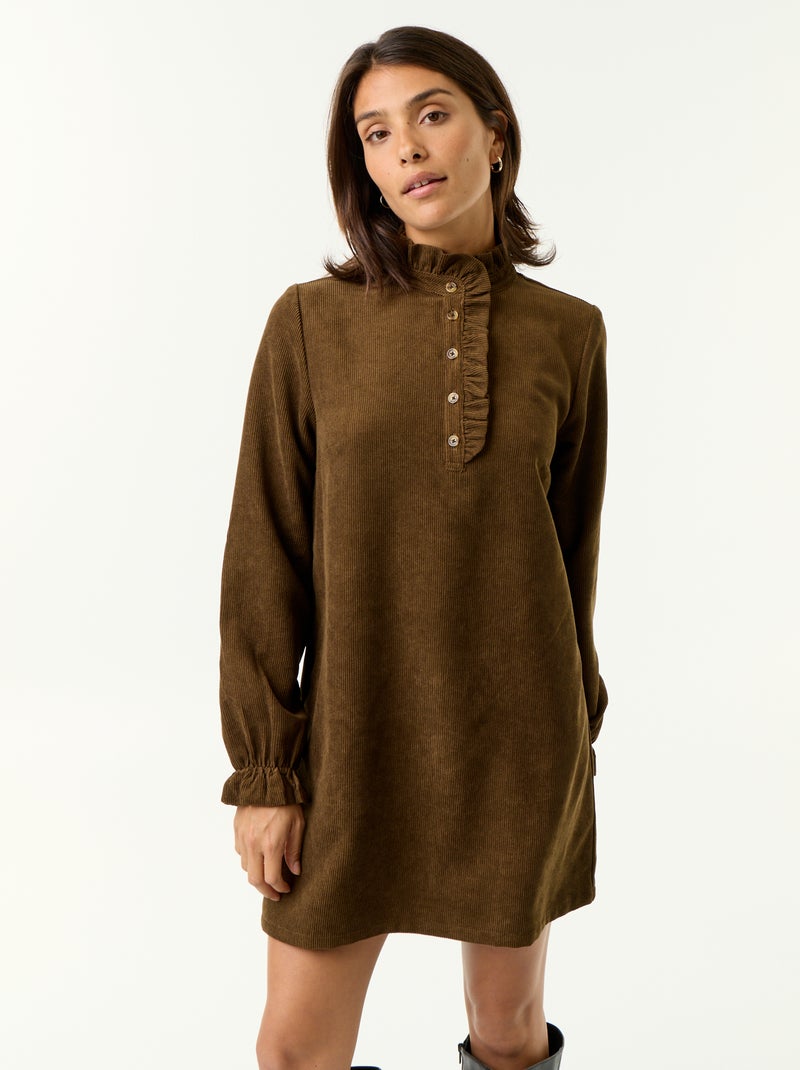 Vestido de veludo cotelê de manga comprida Castanho - Kiabi