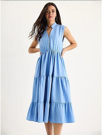 Vestido de verão em modal às riscas, com cintura elástica, decote em v e folhos lucci