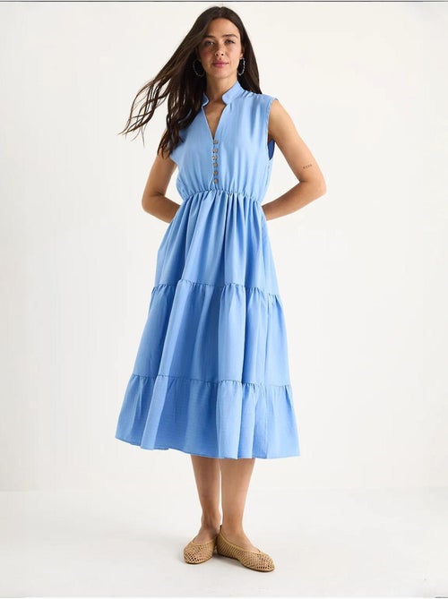 Vestido de verão em modal às riscas, com cintura elástica, decote em v e folhos lucci - Kiabi Vestido de verão em modal às riscas, com cintura elástica, decote em v e folhos lucci - Kiabi