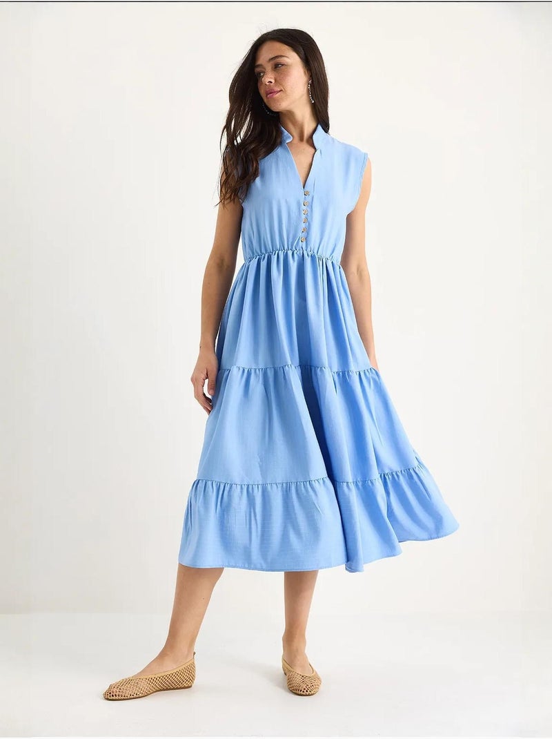 Vestido de verão em modal às riscas, com cintura elástica, decote em v e folhos lucci Azul claro - Kiabi