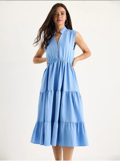 Vestido de verão em modal às riscas, com cintura elástica, decote em v e folhos lucci - Kiabi Vestido de verão em modal às riscas, com cintura elástica, decote em v e folhos lucci - Kiabi