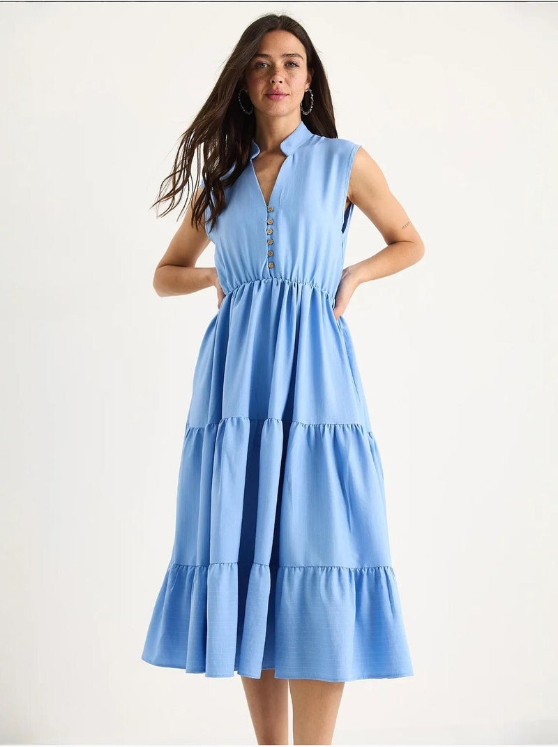 Vestido de verão em modal às riscas, com cintura elástica, decote em v e folhos lucci Azul claro - Kiabi