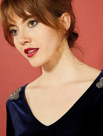 Mulher do 34 até 48 - Vestido direito de veludo com joias - Kiabi