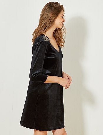 Mulher do 34 até 48 - Vestido direito de veludo com joias - Kiabi