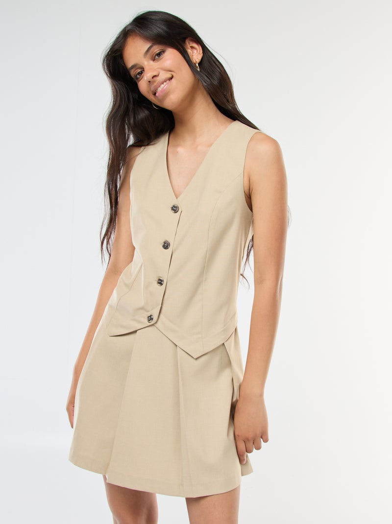 Vestido efeito 2 em 1 colete de fato + saia Bege - Kiabi