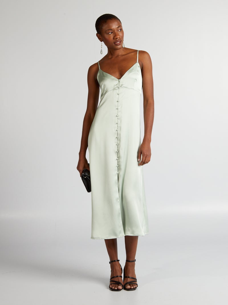 Vestido em cetim com abertura com botões VERDE - Kiabi