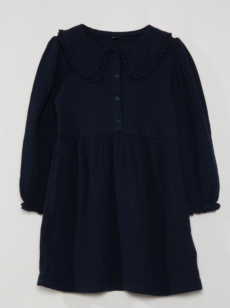 Vestido em gaze de algodão - azul Azul Marinho - Kiabi