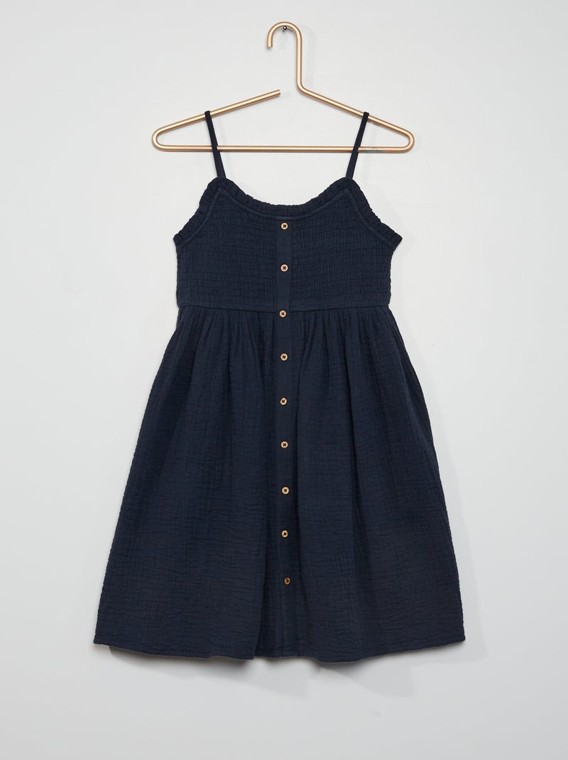 Vestido em gaze de algodão Azul Marinho - Kiabi