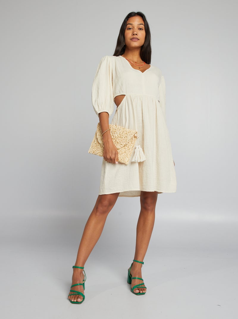 Vestido em gaze de algodão com abertura BRANCO - Kiabi