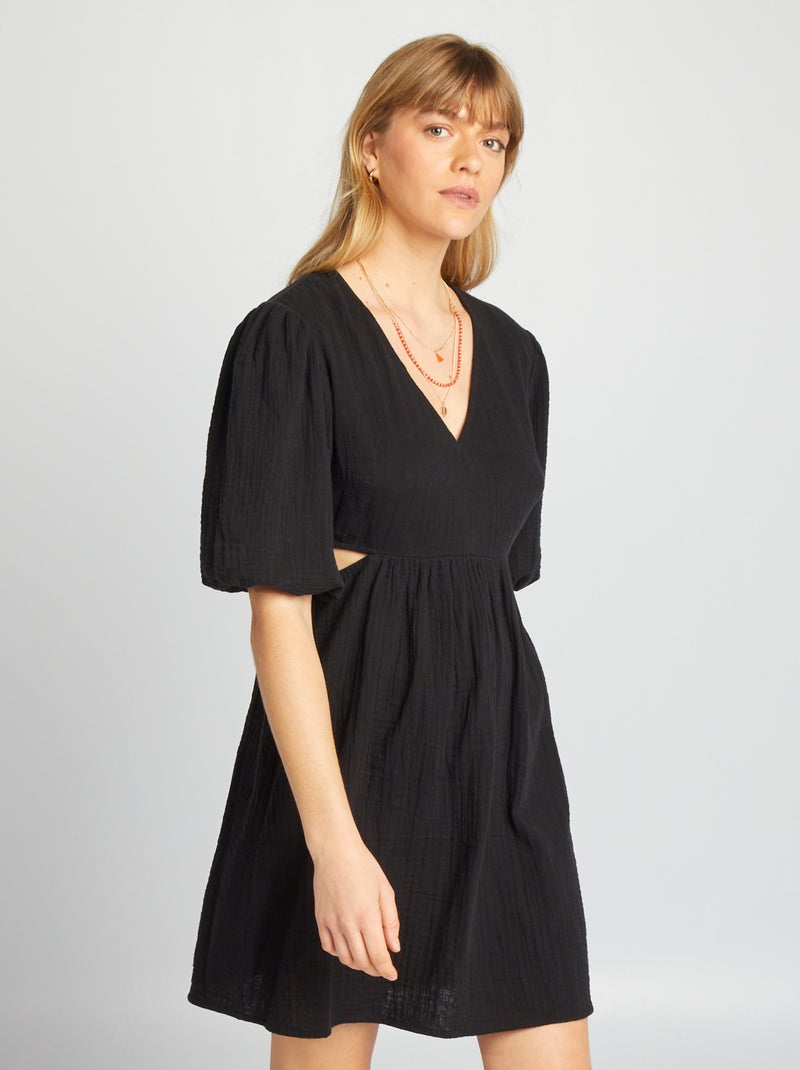 Vestido em gaze de algodão com abertura Preto - Kiabi