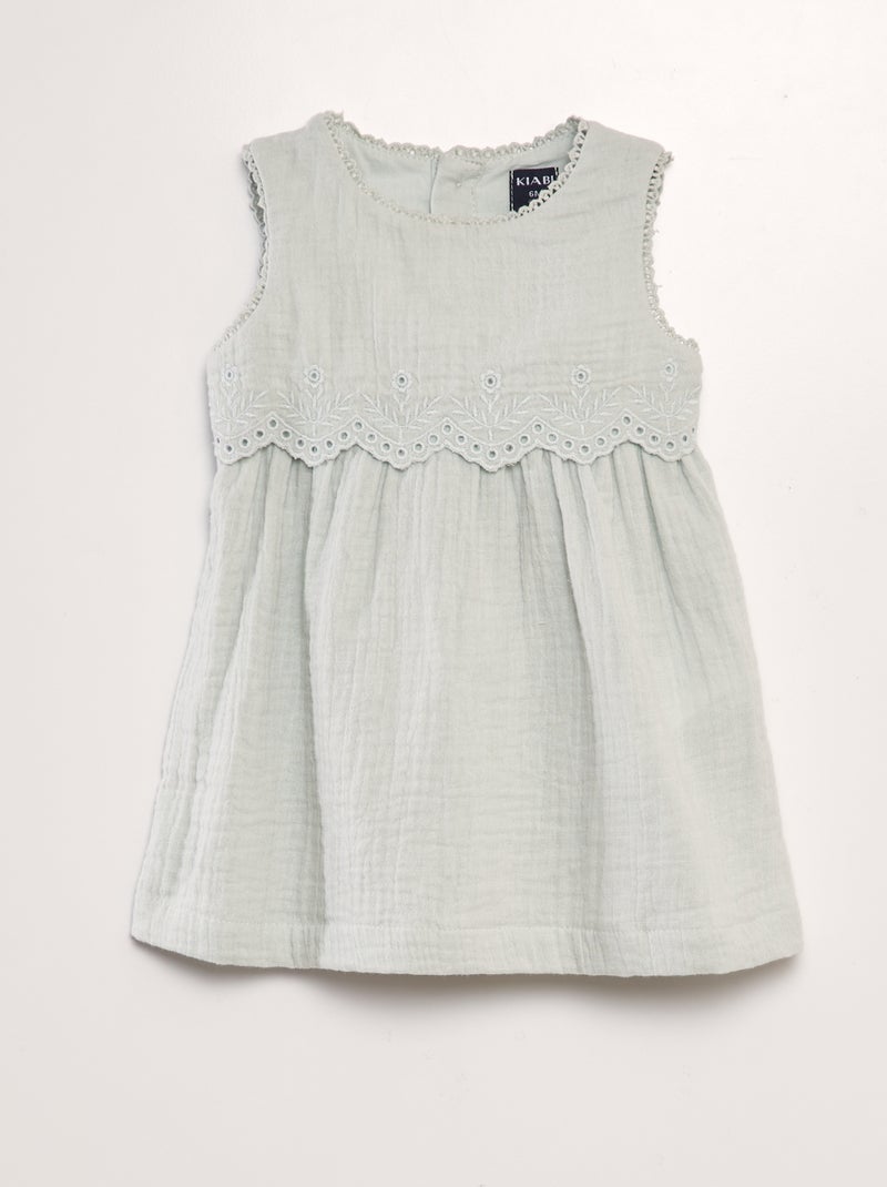 Vestido em gaze de algodão com bordado AZUL - Kiabi