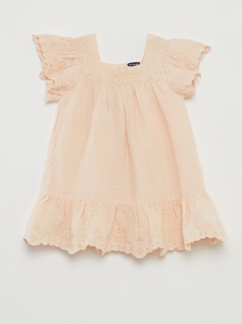 Vestido em gaze de algodão com bordado inglês - Kiabi