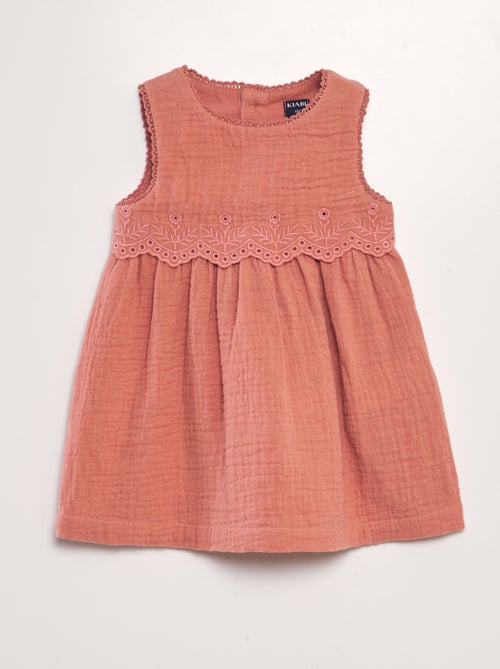 Vestido em gaze de algodão com bordado - Kiabi