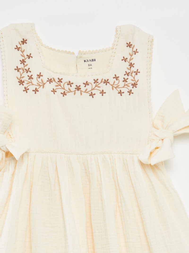 Vestido em gaze de algodão com bordados BRANCO - Kiabi