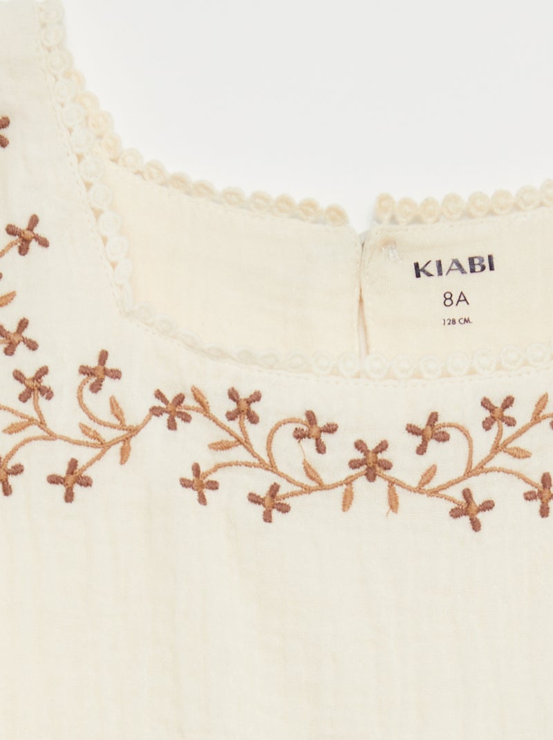 Vestido em gaze de algodão com bordados BRANCO - Kiabi