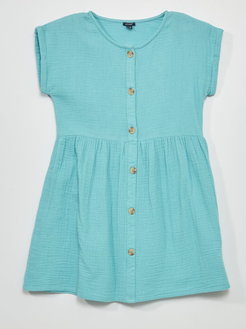 Vestido em gaze de algodão com botões AZUL - Kiabi