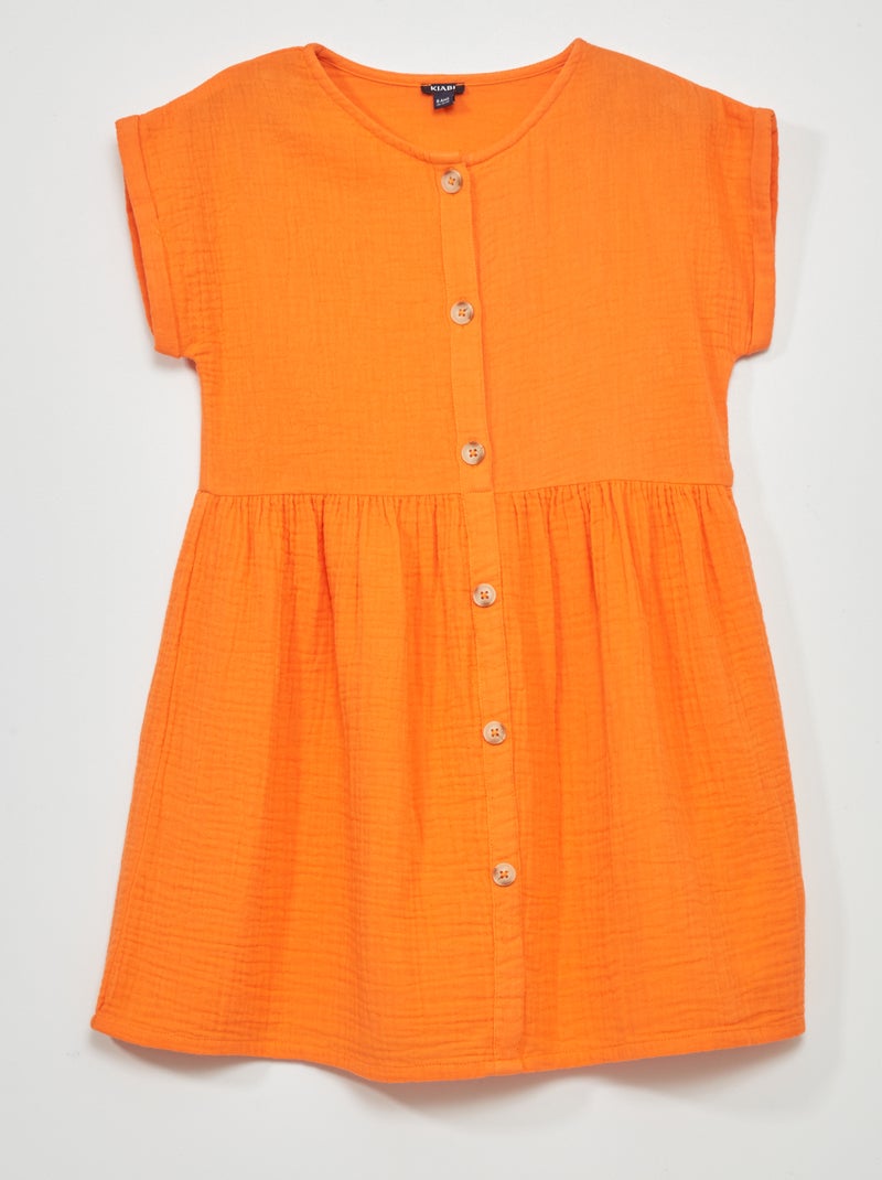 Vestido em gaze de algodão com botões Laranja - Kiabi